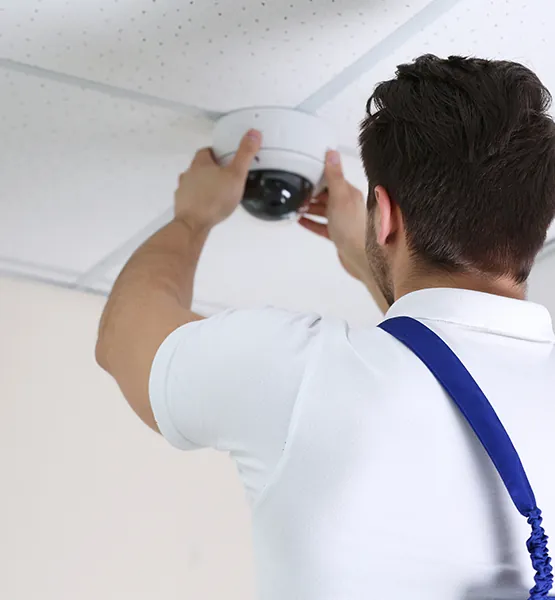 Security engineer fitting CCTV for a property in Culcheth